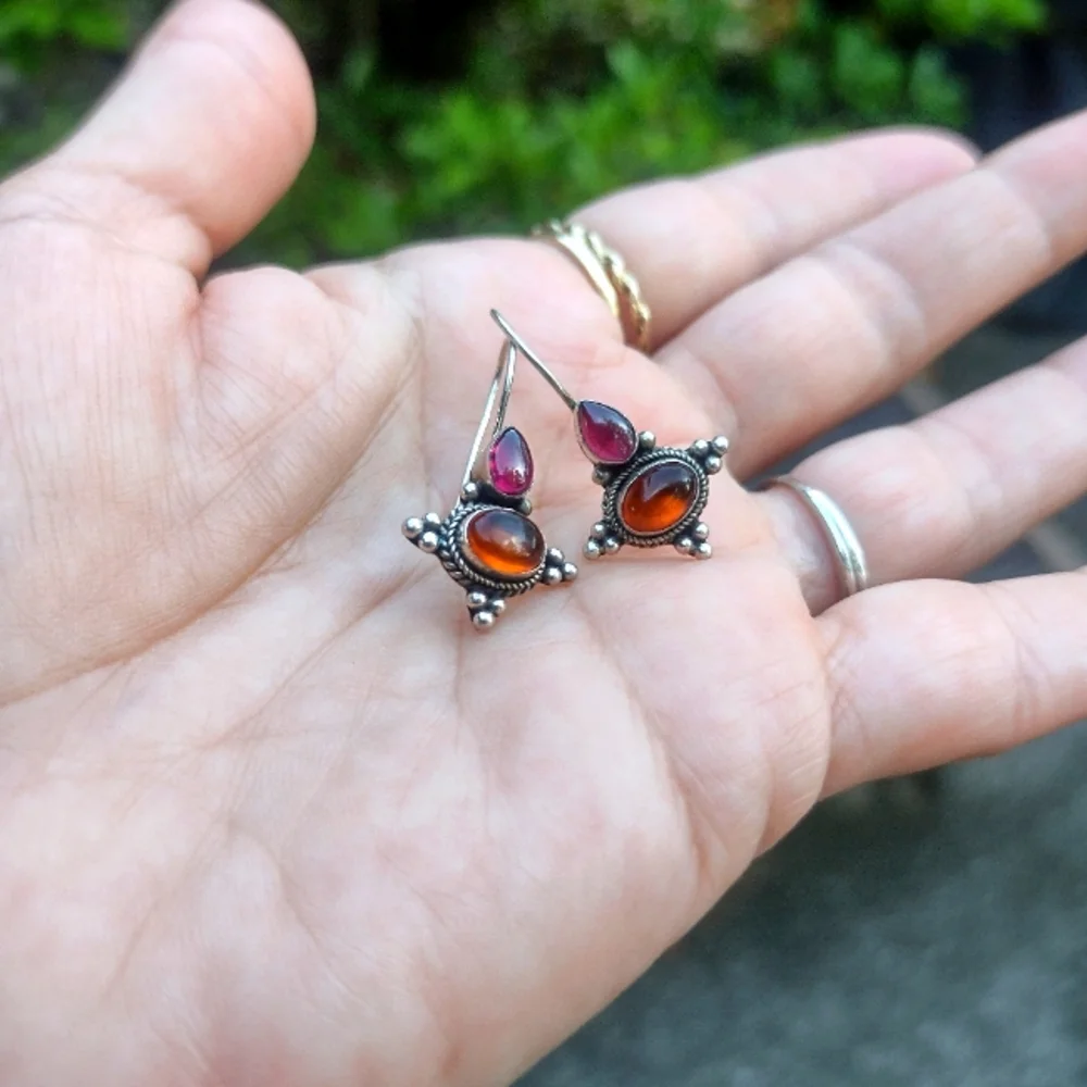 SS 925 Garnet And Amber Earrings - Picture 1 of 8